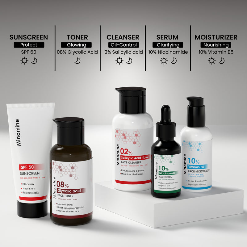 Oily Skin Gamechangers Skincare Routine Kit for Unisex | Salicylic Acid Cleanser, Niacinamide Serum, Vitamin B5, Glycolic Acid Toner & SPF 50 Sunscreen  | Combo Set