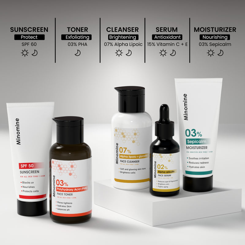 Anti-Pigmentation Skin Gamechangers Skincare Routine Kit for Unisex | Alpha Lipoic Cleanser,  Alpha Arbutin Serum, PHA Toner,  Sepicalm Moisturizer & SPF 50 Sunscreen | Combo Set