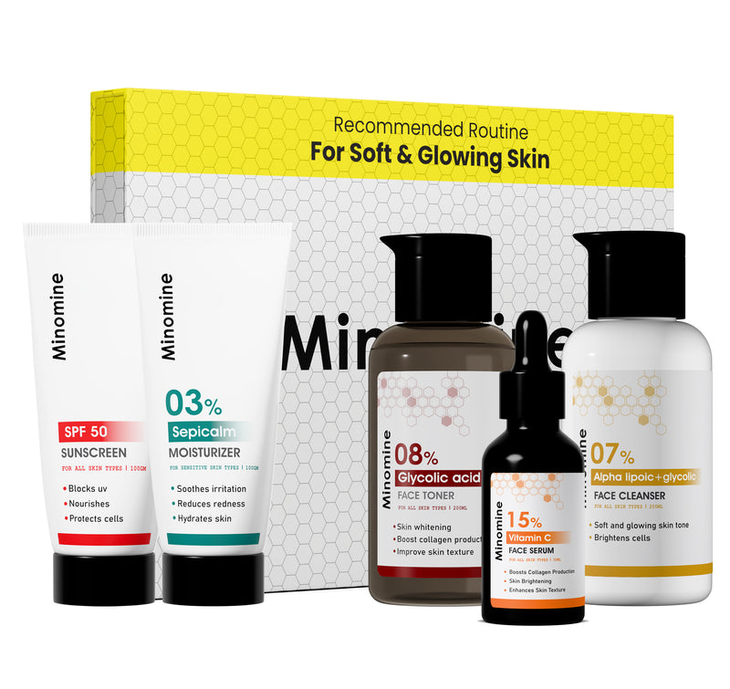 Soft & Glowing Skin Gamechangers Skincare Routine Kit for Unisex | Alpha Lipoic Cleanser,  Vitamin C Serum, Glycolic Toner,  Sepicalm Moisturizer & SPF 50 Sunscreen | Combo Set