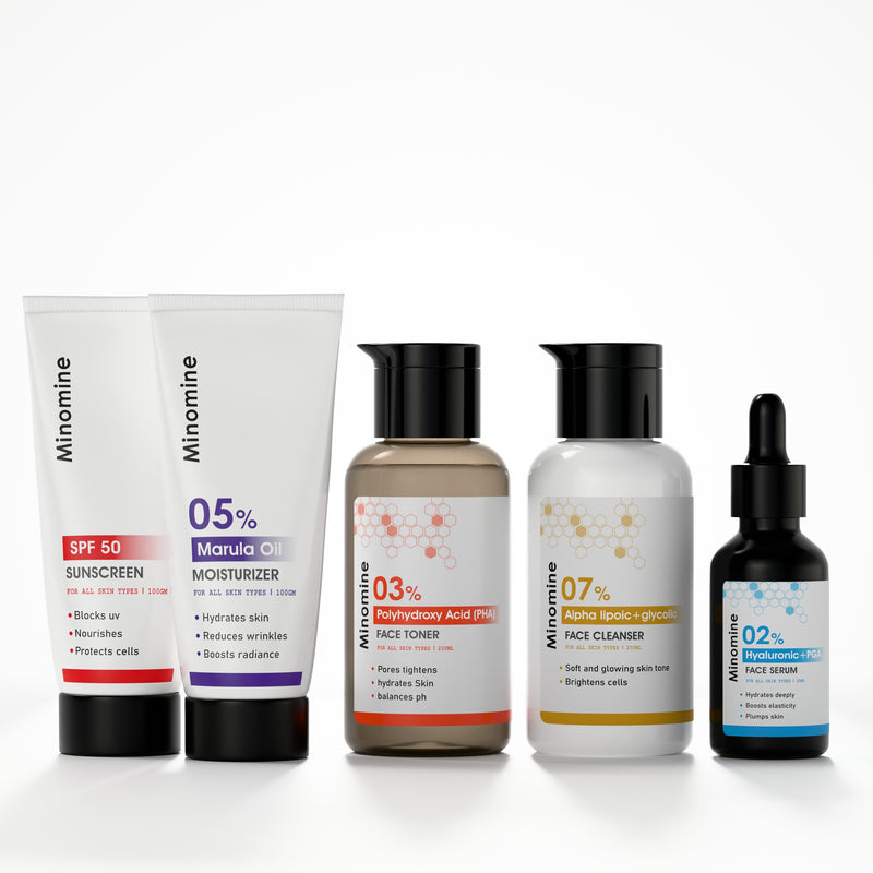Dry Skin Gamechangers Skincare Routine Kit for Unisex | Alpha Lipoic Cleanser, Hyaluronic Serum, PHA Face Toner, Marula Oil Moisturizer & SPF 60 Sunscreen | Combo Set