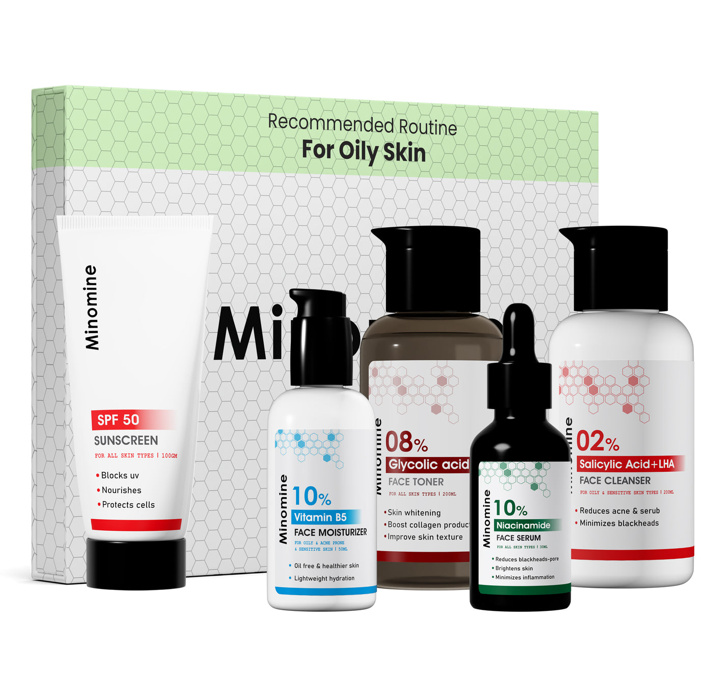 Oily Skin Gamechangers Skincare Routine Kit for Unisex | Salicylic Acid Cleanser, Niacinamide Serum, Vitamin B5, Glycolic Acid Toner & SPF 50 Sunscreen  | Combo Set