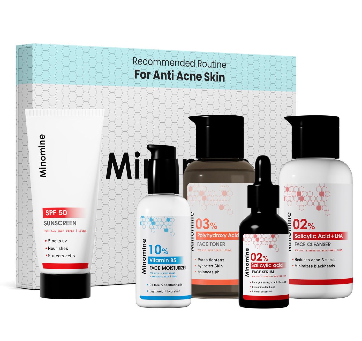 Anti Acne Gamechangers Skincare Routine Kit for Unisex | Salicylic Acid Cleanser, Salicylic Acid Serum, Vitamin B5, PHA Toner & SPF 50 Sunscreen  | Combo Set
