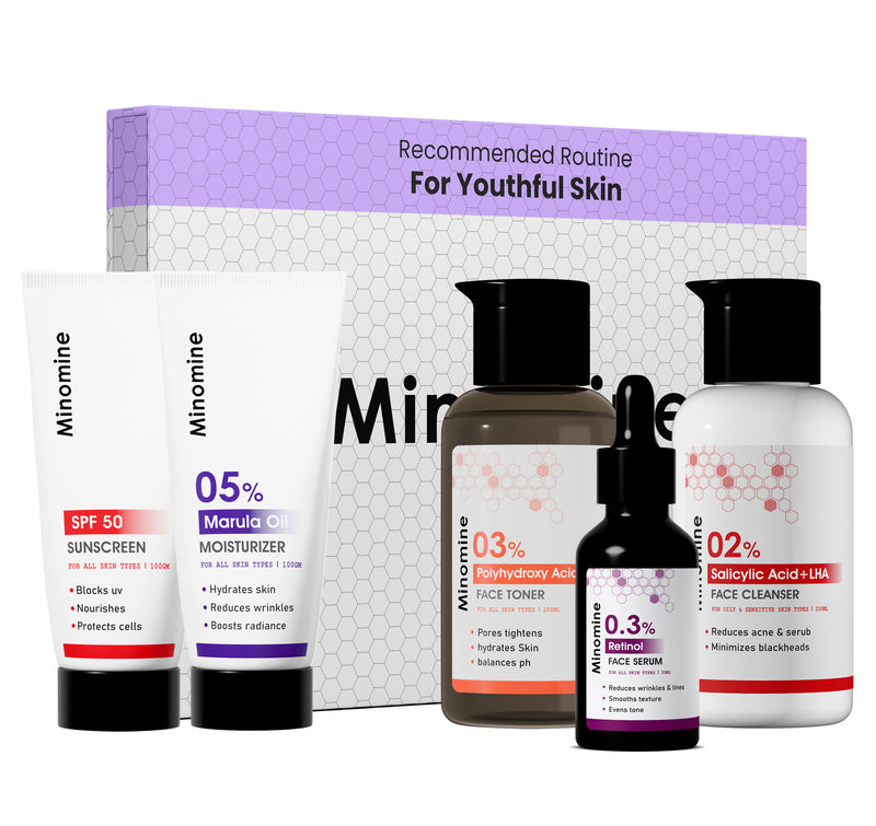Youthful (Aging) Skin, Gamechangers Skincare Routine Kit for Unisex | 2% Salicyclic Acid Cleanser, Retinol Serum, PHA Toner, Marula Oil Moisturizer & SPF 60 Moisturizer | Combo Set