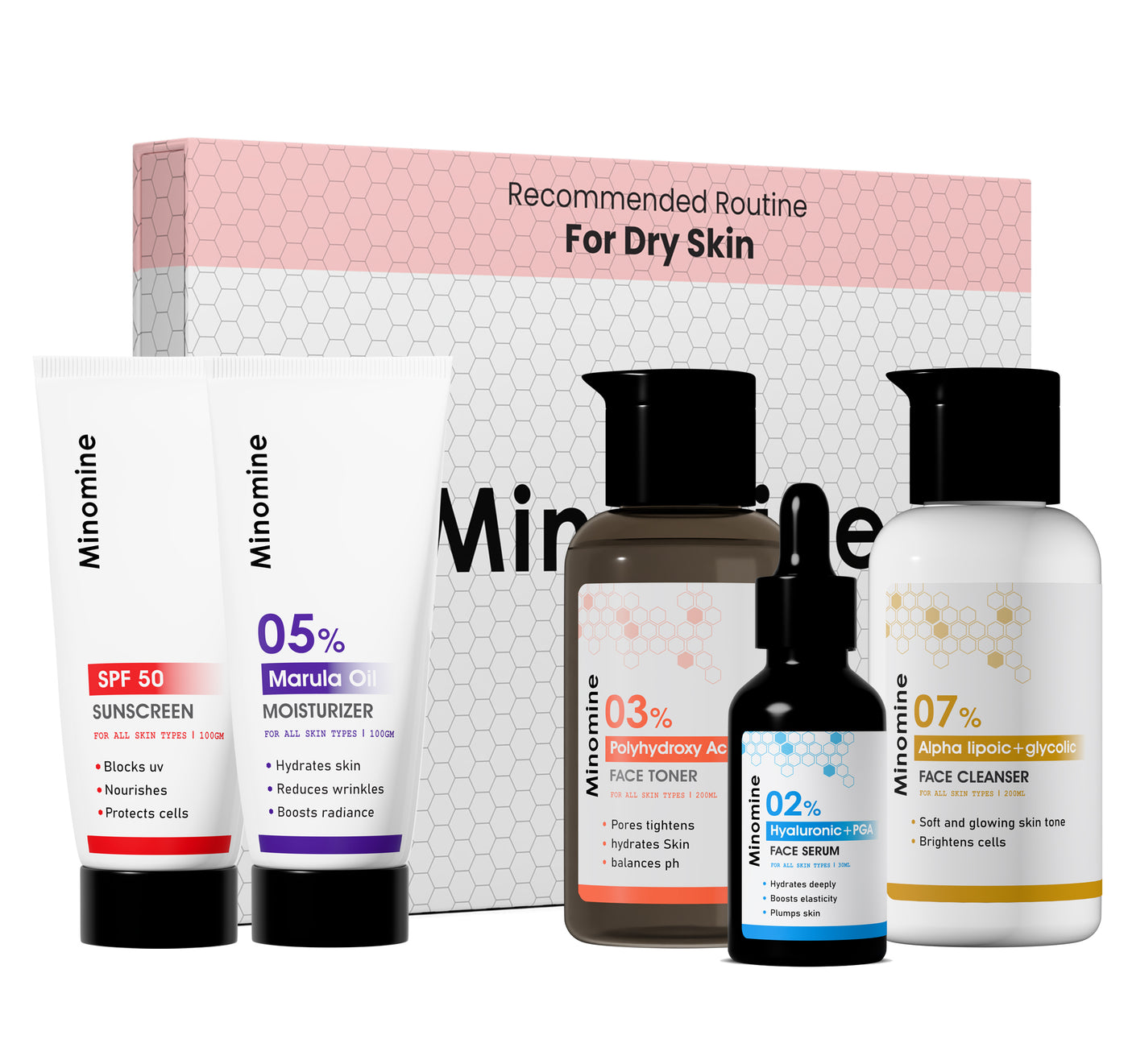 Dry Skin Gamechangers Skincare Routine Kit for Unisex | Alpha Lipoic Cleanser, Hyaluronic Serum, PHA Face Toner, Marula Oil Moisturizer & SPF 60 Sunscreen | Combo Set